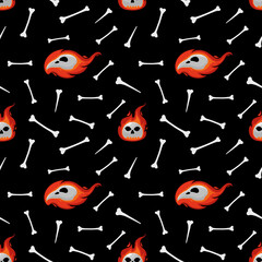Vector seamless pattern on the theme of halloween. Skulls on fire on a black background. Bones and skull of a bird in profile. Dark creepy illustration