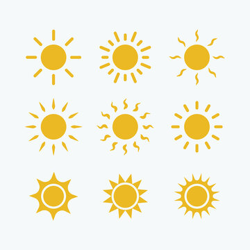 Yellow sun vector icon set. Isolated sunshine icon vector design. Designed for web and app design interfaces.