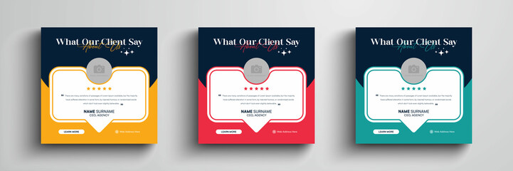 Client testimonials social media post or web banner design. Customer service feedback review social media post with color variation template set.