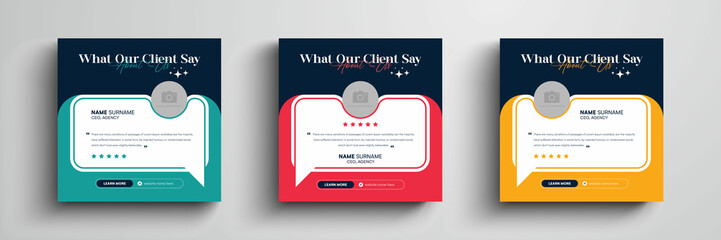 Client testimonials social media post or web banner design. Customer service feedback review social media post with color variation template set.
