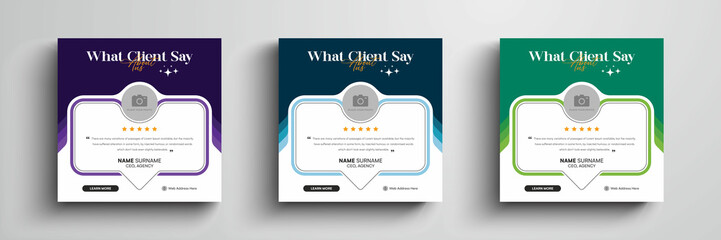 Modern and creative client testimonial social media post design. Customer service feedback review social media post or web banner with color variation template.