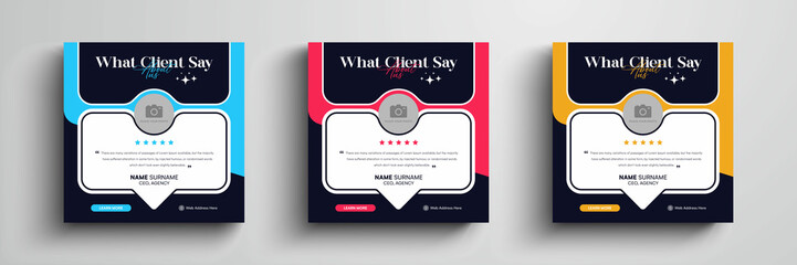 Client testimonial social media post design. Customer service feedback square banner with color variation template.