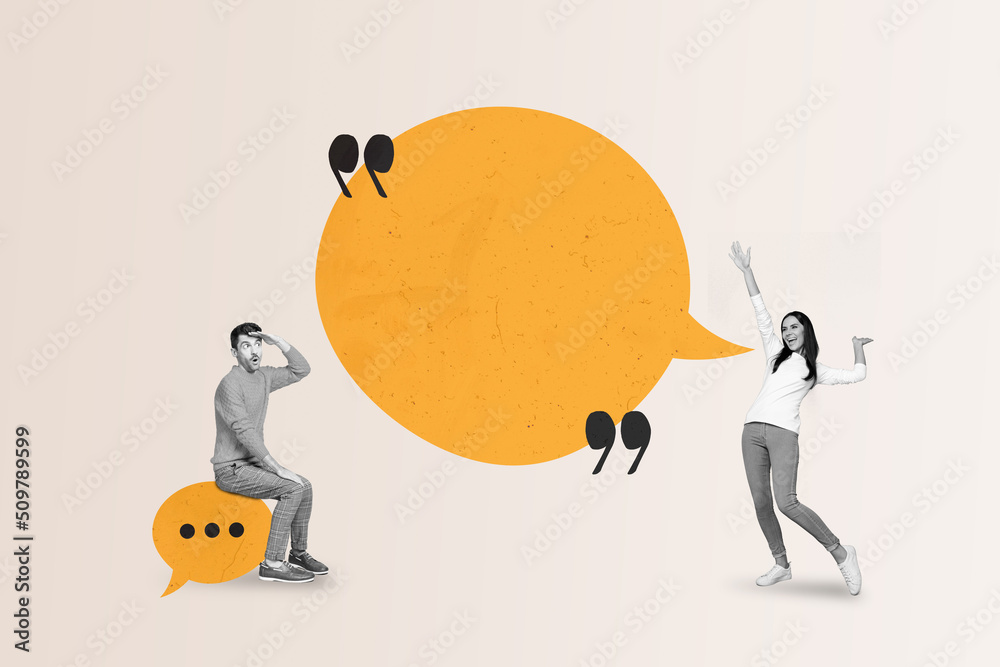 Poster creative abstract template collage of funny couple white visual effect talking sms empty space isola