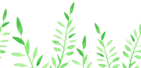 Seamless border with watercolor leaves on a white background, summer bright dragonflies, insects. Summer illustration for postcards, posters, packaging