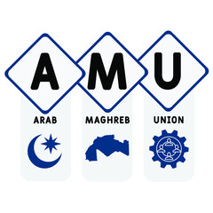 AMU - Arab Maghreb Union acronym. business concept background. vector illustration concept with keywords and icons. lettering illustration with icons for web banner, flyer, landing pag