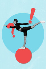 Vertical composite picture of sportive person black white effect stand one leg balance flexibility punctuation symbols