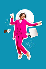 Vertical collage picture of positive person enjoy dancing laptop coffee cup isolated on creative background