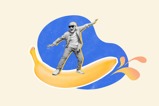Composite collage picture of crazy excited person black white effect surfing large banana isolated on drawing background