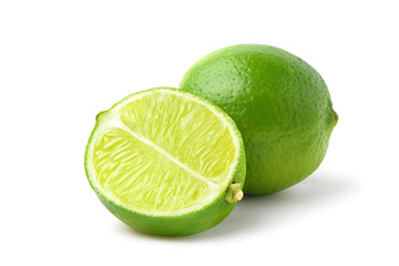 Fresh lime with  cut in half isolated on white background. clipping path.