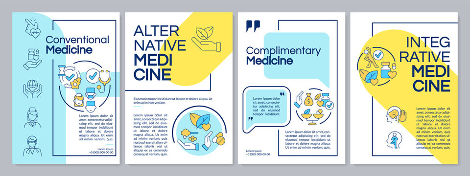 Healthcare approaches blue and yellow brochure template. Alternative. Leaflet design with linear icons. Editable 4 vector layouts for presentation, annual reports. Questrial, Lato-Regular fonts used