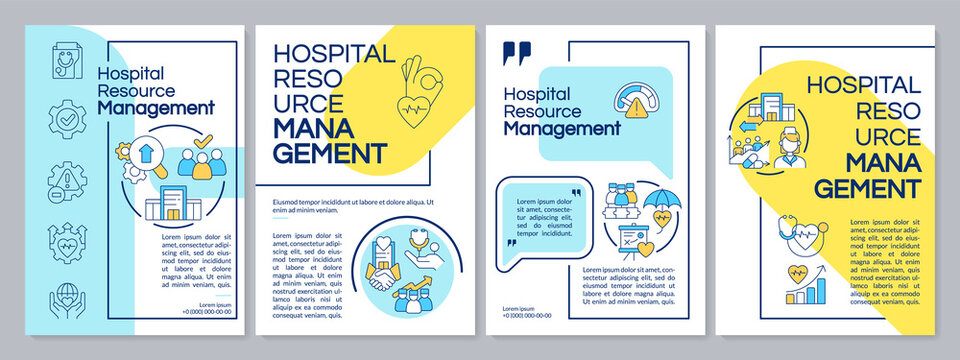 Healthcare resource management blue and yellow brochure template. Leaflet design with linear icons. Editable 4 vector layouts for presentation, annual reports. Questrial, Lato-Regular fonts used