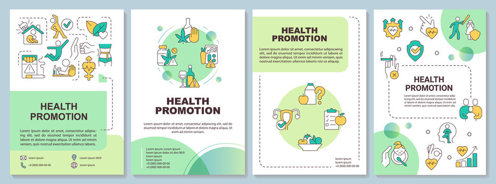 Supportive environments for health green brochure template. Leaflet design with linear icons. Editable 4 vector layouts for presentation, annual reports. Arial-Bold, Myriad Pro-Regular fonts used