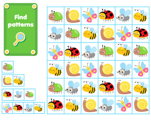 Children educational game. Find and show patterns. insects theme activity for pre school years kids and toddlers