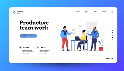 Obraz na płótnie Canvas Teamwork landing page. Business team of office characters working together, technology start up and creative work concept. Vector web site template