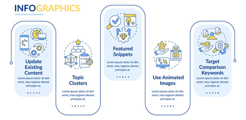 Advanced SEO technique rectangle infographic template. Data visualization with 5 steps. Editable timeline info chart. Workflow layout with line icons. Lato-Bold, Regular fonts used