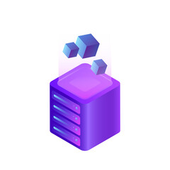 Violet 3D Cube with a Ray of Light and Flying Cubes. Decorative Isolated Graphic Element. Vector illustration