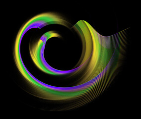 The blades of an abstract propeller are wavy and arcuate, with yellow, green and blue stripes, rotating against a black background. Icon, logo, symbol, sign. 3d rendering. 3d illustration.