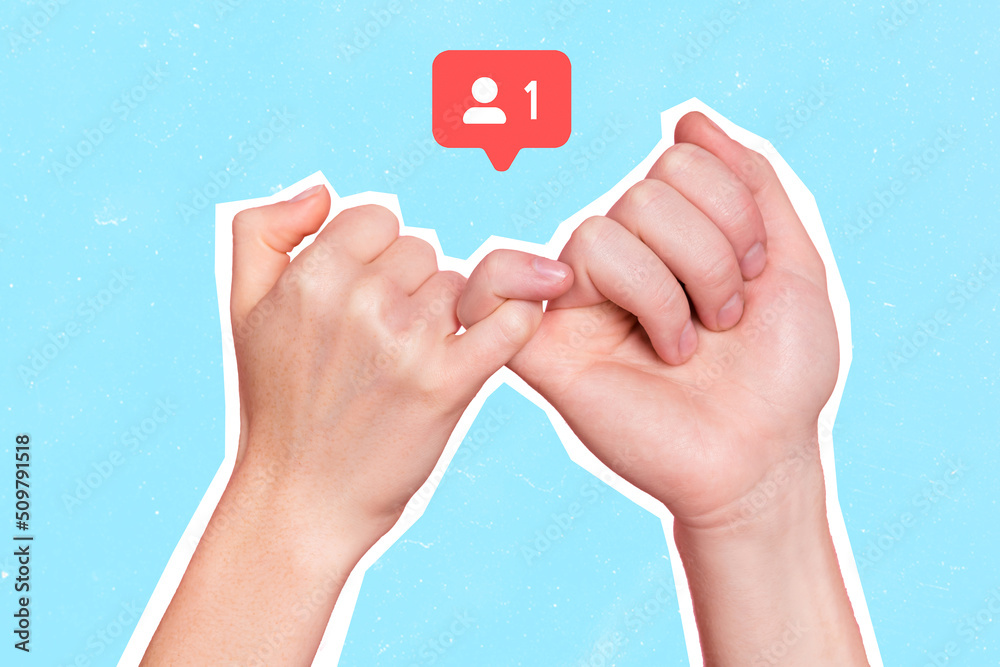 Poster Collage picture of two human hands fingers connect hold became friends in new social website media facebook twitter instagram