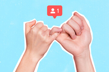 Collage picture of two human hands fingers connect hold became friends in new social website media...