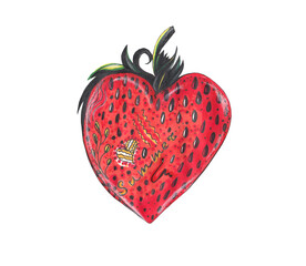Sweet red strawberry in a heart shape with green leaves on white background. Doodle illustration.