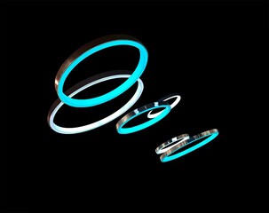 abstract background, flying rings of blue and white with a metal edge on a black background