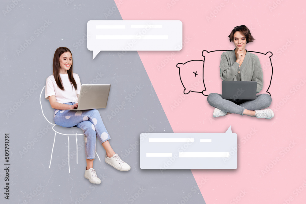 Poster Composite collage portrait of two people use wireless netbook communicate share messages isolated on creative background