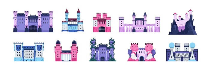 Fairytale castles. Cartoon medieval historic fortress with towers, stone walls and wooden gate, old kingdom palace. Vector fort isolated set