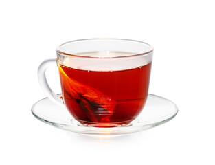 tea bag in a cup isolated on white. cherry tone.