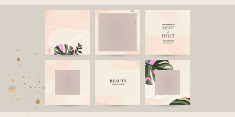 aesthetic Instagram social media post background template with tropical leaves monstera. vector layout in light pink beige color for beauty, make-up, cosmetic business