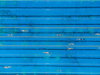 Aerial view of group of swimmers training in open swimming pool.