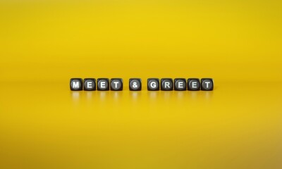 Term ‘Meet & Greet’ spelled out in white text on dark wooden blocks against plain yellow background. 3D rendering