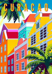 Fototapeta Willemstad cityscape with traditional houses and palm trees. Handmade drawing vector illustration. Curacao retro style poster obraz