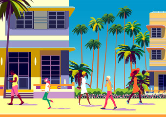 Naklejka premium Street scene with people, traditional houses, palms and flowers. Handmade drawing vector illustration. Retro style poster.