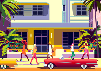 Street scene with people, traditional houses, retro cars, palms and flowers. Handmade drawing vector illustration. Retro style poster.