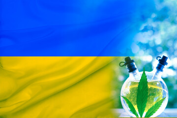 national flag of ukraine, green cannabis plants, concept of production of medical cannabis...