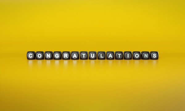 Word ‘Congratulations’ spelled out in white text on dark wooden blocks against plain yellow background. 3D rendering