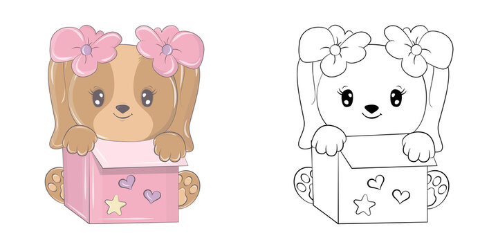 Cute Dog Clipart Illustration and Black and White. Funny Clip Art Dog in a Gift Box with Flowers. Illustration of an Animal for Coloring Pages, Stickers, Baby Shower, Prints for Clothes