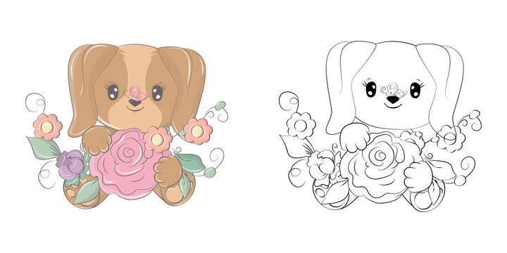 Puppy Clipart for Coloring Page and Multicolored Illustration. Baby Clip Art Dog with Big Flower Bouquet. Illustration of an Animal for Coloring Pages, Prints for Clothes, Stickers, Baby Shower