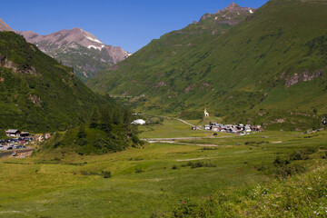 Fototapeta na wymiar Panoramic view of Riale, a little alpine village in the north of Piedmont, Val Formazza, Italy