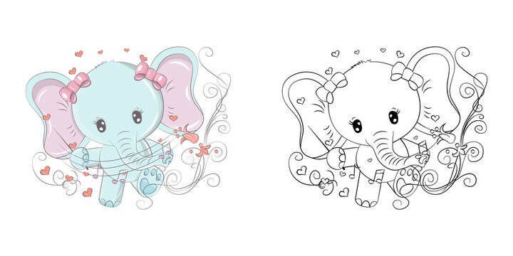 Cute Clipart Elephant Illustration and For Coloring Page. Cartoon Clip Art Elephant Musician. Vector Illustration of an Animal for Stickers, Baby Shower, Coloring Pages, Prints for Clothes.