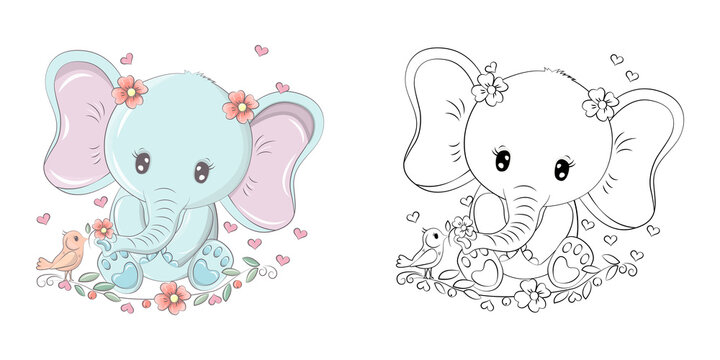 Cute Elephant Clipart Illustration and Black and White. Funny Clip Art Elephant with Flowers and Bird. Vector Illustration of an Animal for Coloring Pages, Stickers, Baby Shower, Prints for Clothes