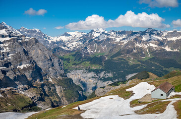 View from Eiger Glacier station to Murren village on the rock. (Top station of new Eiger Express,...
