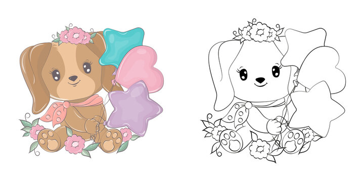 Dog Clipart Multicolored and Black and White. Beautiful Clip Art Puppy with Balloons and Flowers.Vector Illustration of an Animal for Prints for Clothes, Stickers, Baby Shower, Coloring Pages