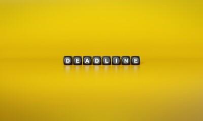 Word ‘Deadline’ spelled out in white text on dark wooden blocks against plain yellow background. 3D rendering