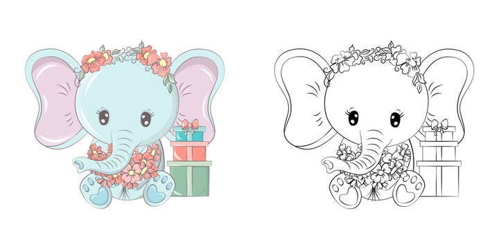 Elephant Clipart for Coloring Page and Multicolored Illustration. Baby Clip Art Elephant with Gift Boxes. Vector Illustration of an Animal for Coloring Pages, Prints for Clothes, Baby Shower.
