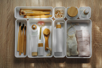 Cosmetics products arranged in white organizers. Creative Drawer Organizing. Storage beauty products and accessories.