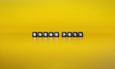 Term ‘Sneak peek’ spelled out in white text on dark wooden blocks against plain yellow background. 3D rendering