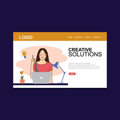 flat design home page with happy woman get a great idea