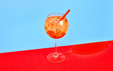 Glass of Aperol spritz cocktail on blue and red background