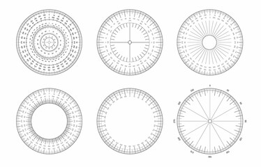 Angle measuring grid template set. Circular protractor of various types